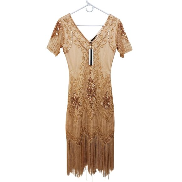 Babeyond Womens Sequined Fringe  Beige Dress With Tags Size S V-Neck Neck - Picture 1 of 9